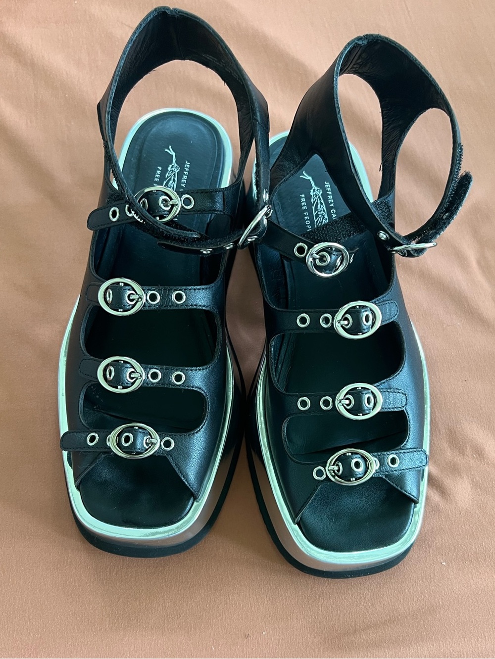 Free People Black Platform Buckle Sandals with White Trim